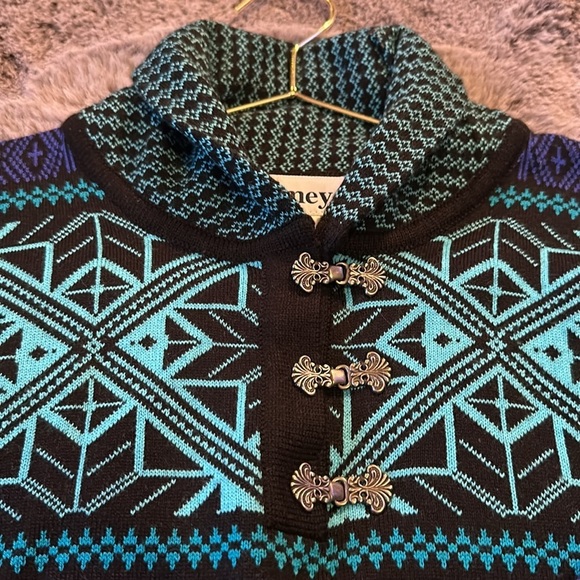 Obermeyer Fair Isle Wool Blend Blue and Black Sweater with Metal Buckles M - Picture 5 of 10